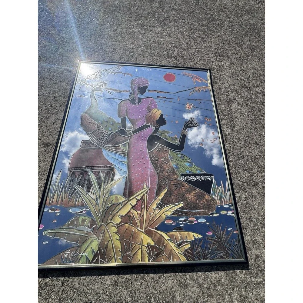 Vintage Coleman African Women Peacock Mirror Art 1970s Afrocentric 22”